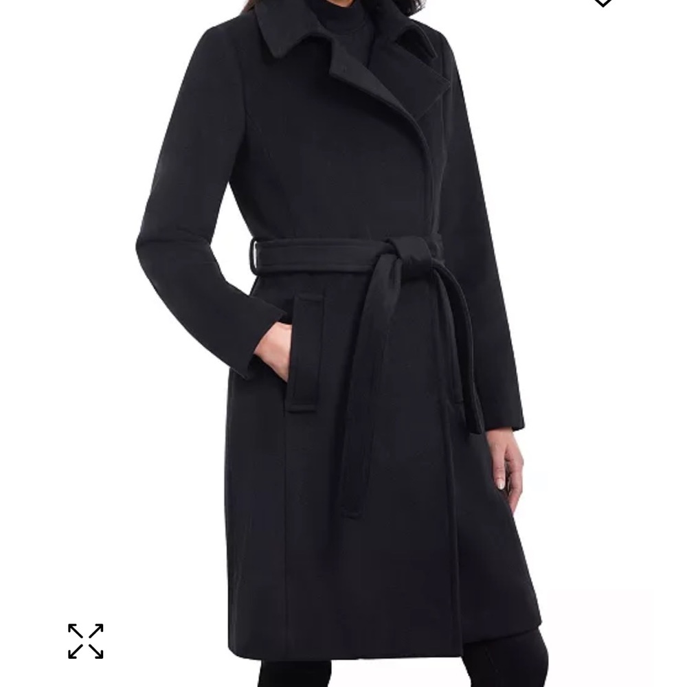 Micheal Kors Belted Notched-Collar Wrap Coat in black, Medium